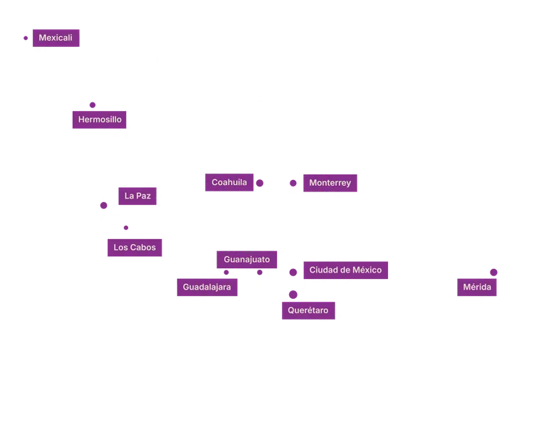 Mapa de M&eacute;xico con las plazas donde REK tiene presencia: Mexicali, Hermosillo, La Paz, Los Cabos, Coahuila, Monterrey, Guanajuato, Guadalajara, Ciudad de M&eacute;xico, Quer&eacute;taro y M&eacute;rida